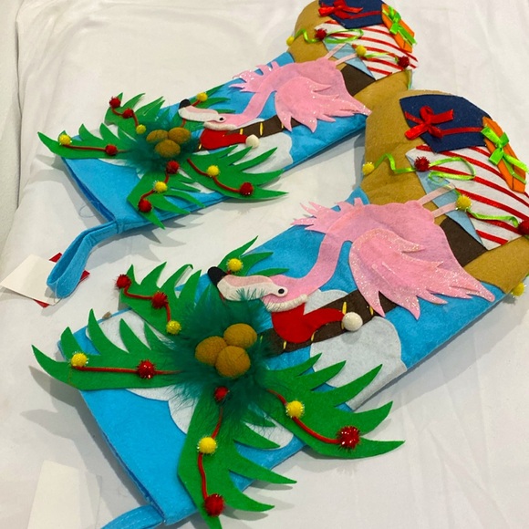 NWT PINK FLAMINGO and Palm Tree Appliqued Holiday Christmas Stockings Pair of 2 - Picture 7 of 8